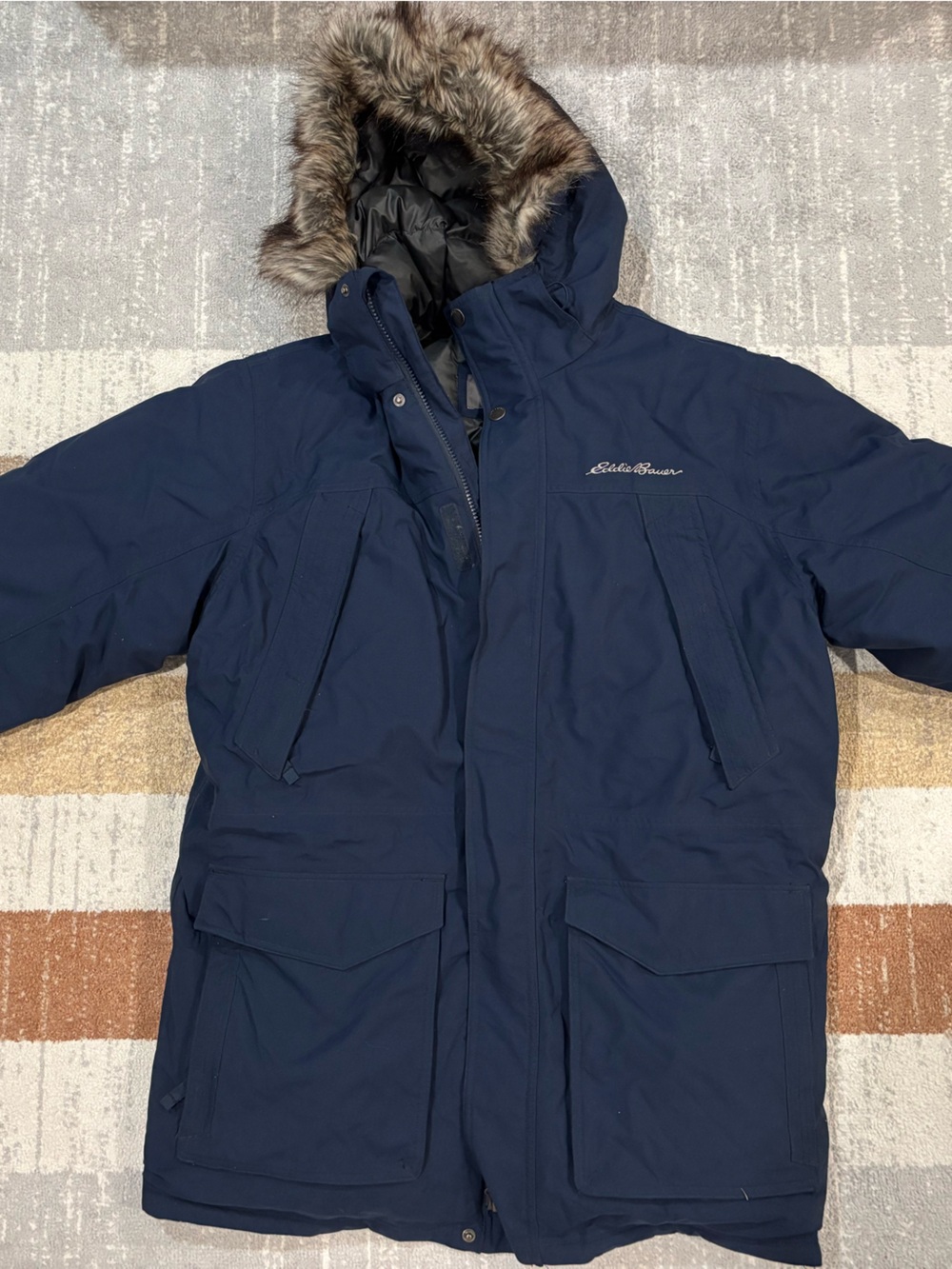 Eddie Bauer Navy Blue Parka with Faux Fur Trim Hood